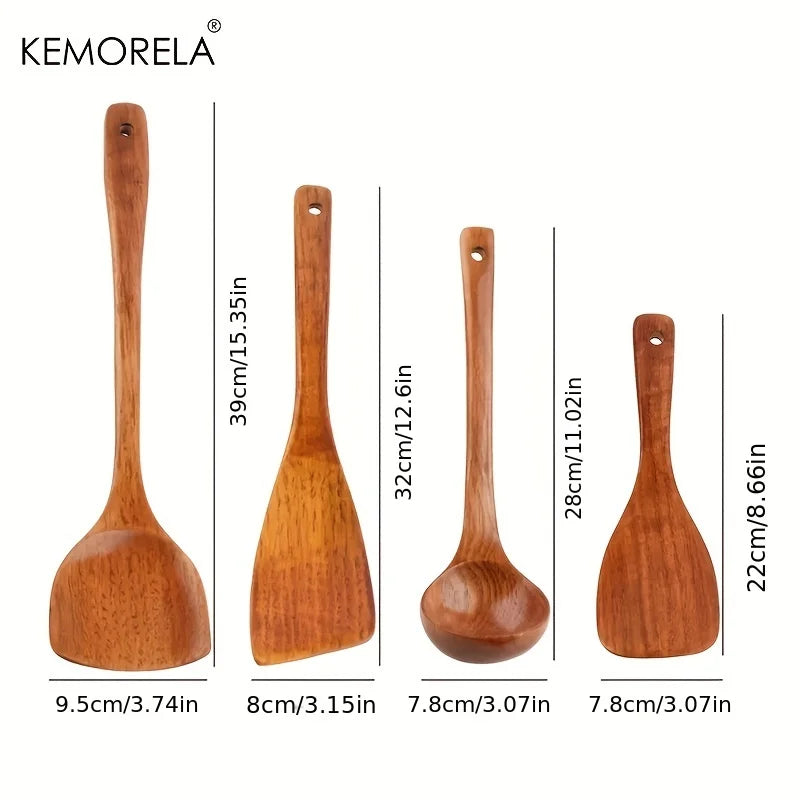 4-Piece Wooden Kitchen Utensil Set – Nonstick Cooking Tools with Shovel, Spatula & Spoon for Cooking and Serving