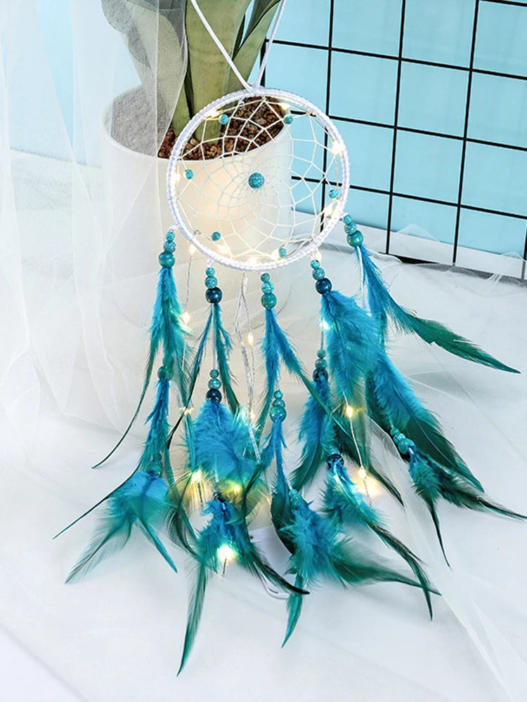 “Handmade Blue Feather Dream Catcher with Wind Chimes – Creative Wall Hanging Ornament for Home Décor & Gift Giving”