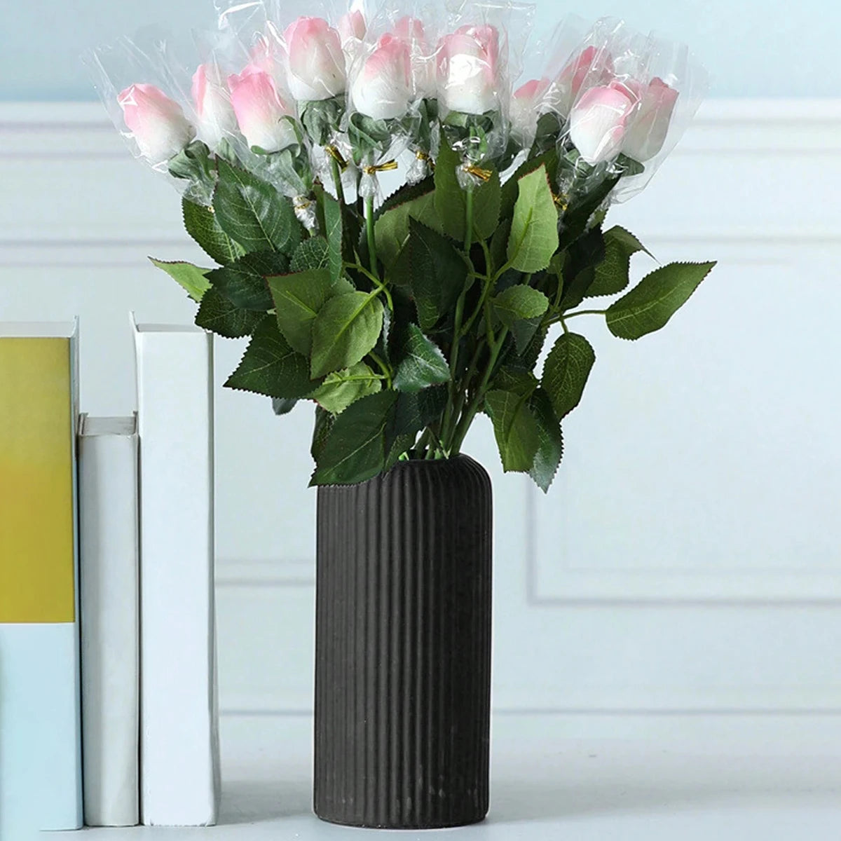 Striped Ceramic-Look Plastic Vase for Flowers – Modern Decorative Flower Vase for Home, Office, and Tabletop Displays