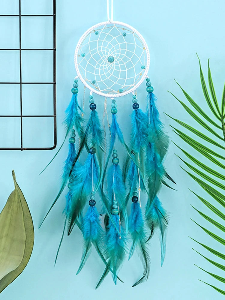 “Handmade Blue Feather Dream Catcher with Wind Chimes – Creative Wall Hanging Ornament for Home Décor & Gift Giving”