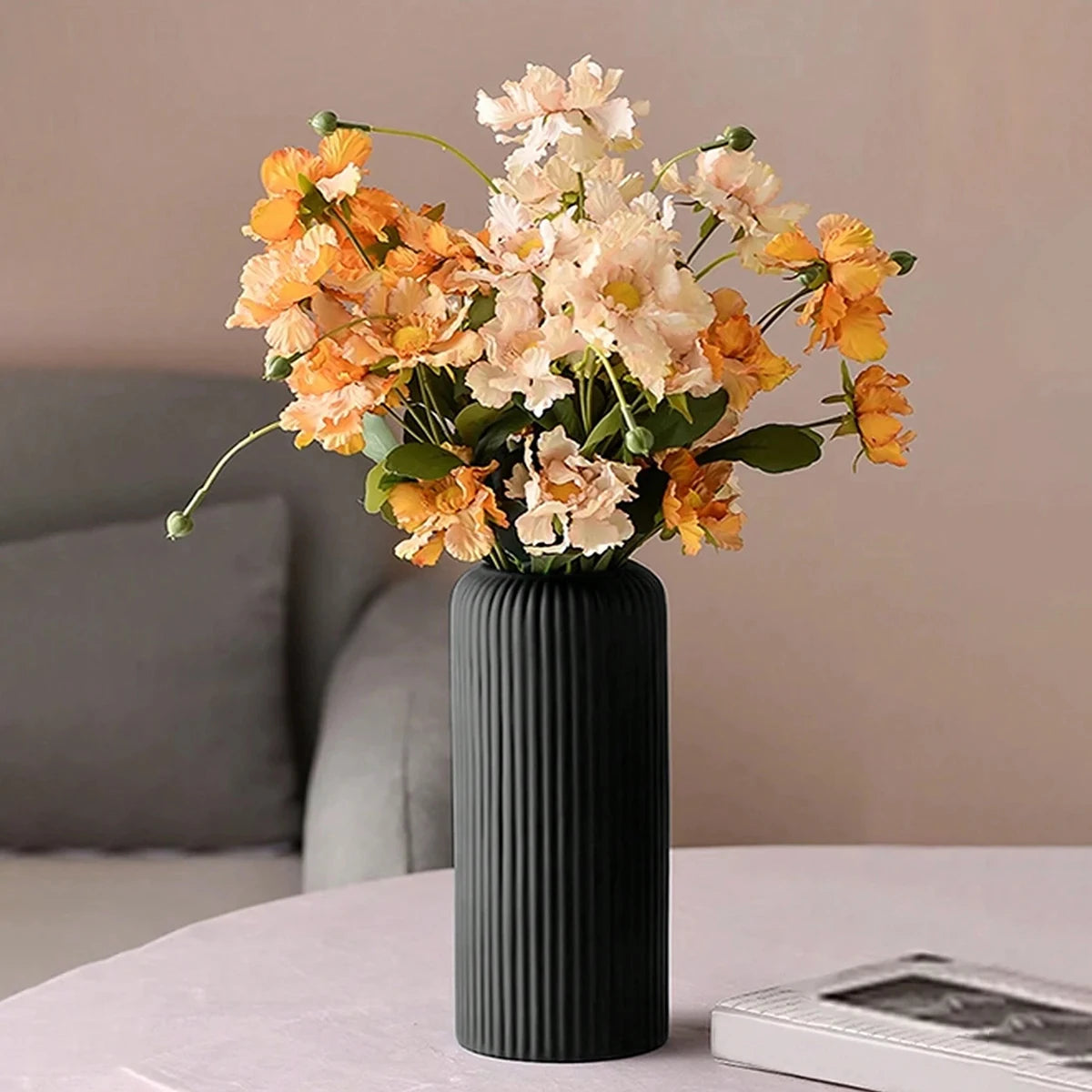 Striped Ceramic-Look Plastic Vase for Flowers – Modern Decorative Flower Vase for Home, Office, and Tabletop Displays