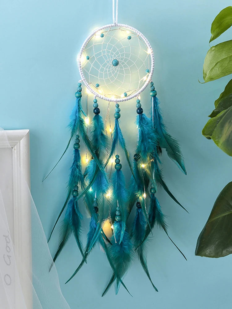 “Handmade Blue Feather Dream Catcher with Wind Chimes – Creative Wall Hanging Ornament for Home Décor & Gift Giving”
