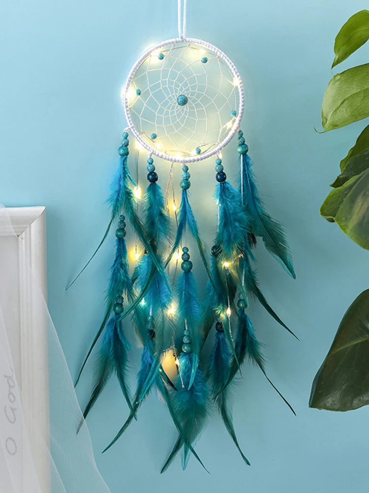 “Handmade Blue Feather Dream Catcher with Wind Chimes – Creative Wall Hanging Ornament for Home Décor & Gift Giving”