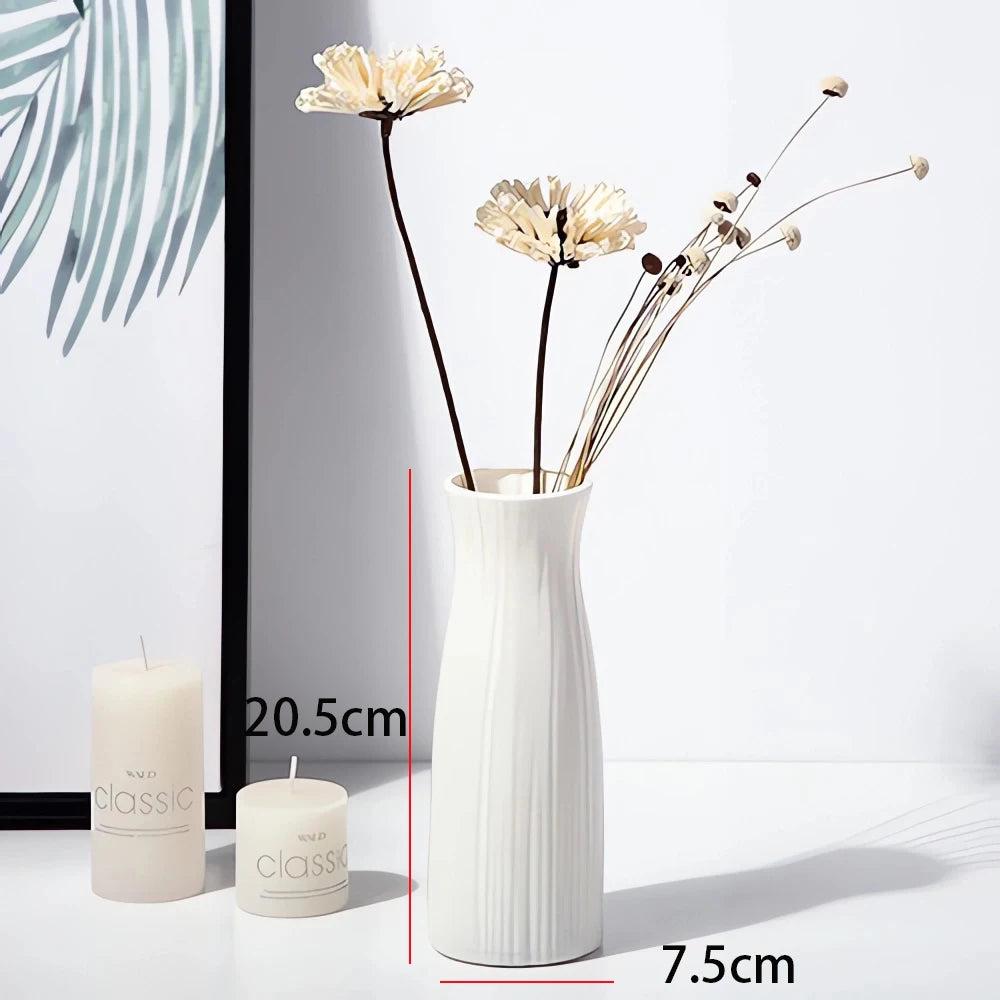 Striped Ceramic-Look Plastic Vase for Flowers – Modern Decorative Flower Vase for Home, Office, and Tabletop Displays